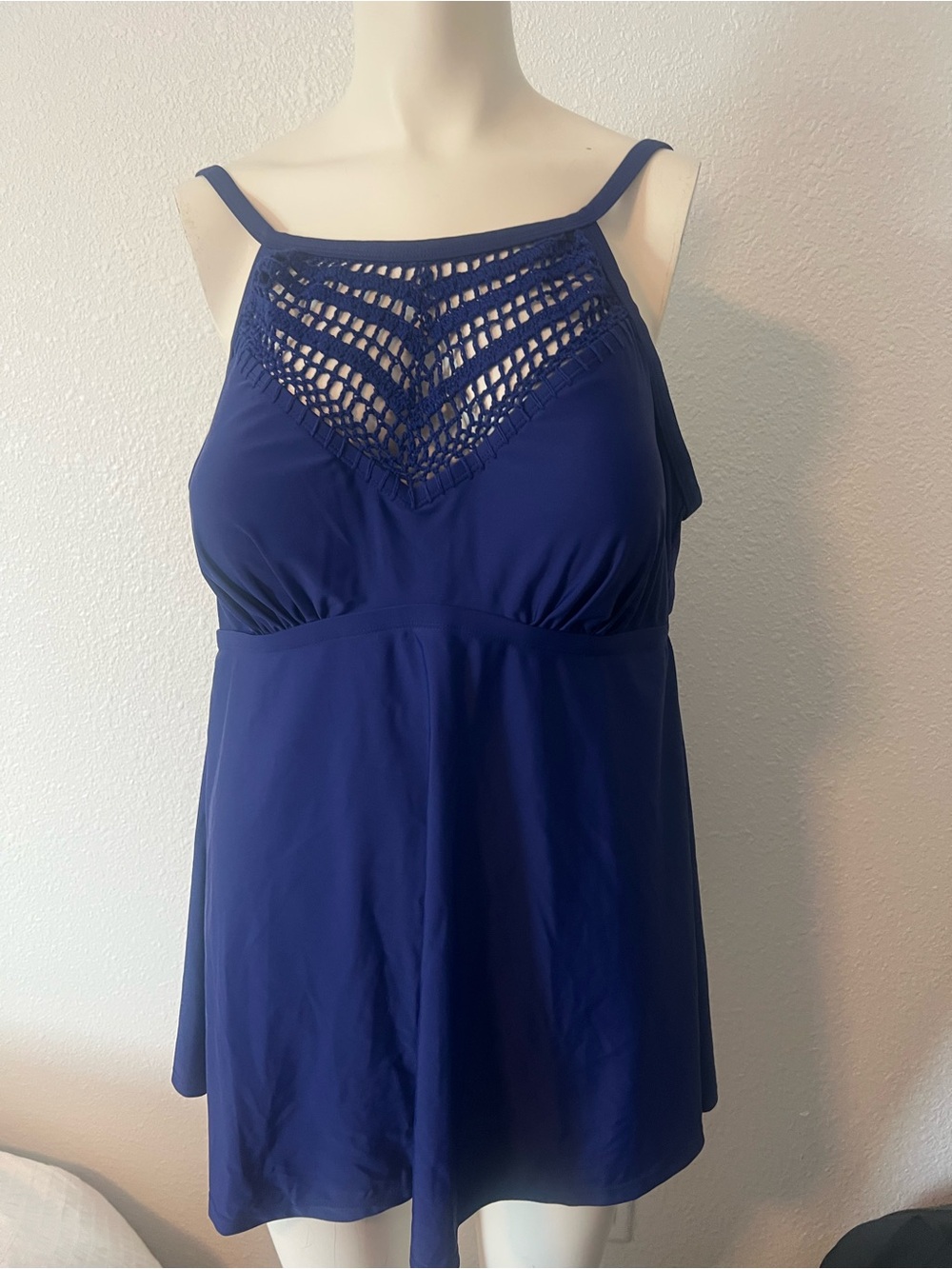 Swimsuits For All Navy Crochet Yoke One-Piece Swimdress